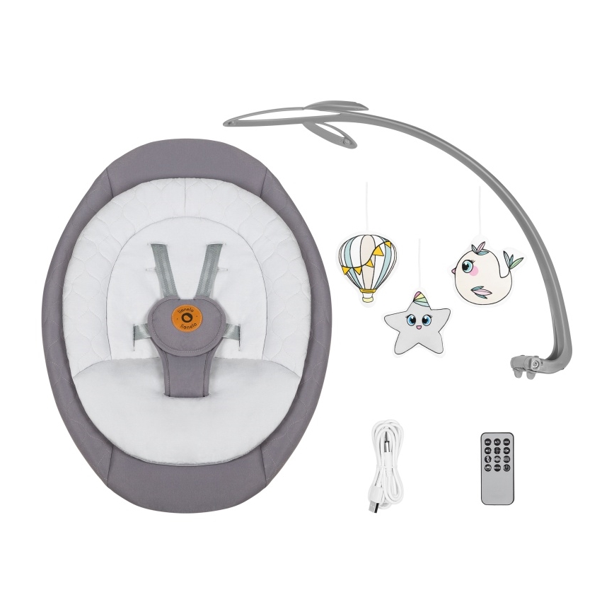 Lionelo - Altalena per bambini con melodia MELL Grey Stone 4xAA + telecomando