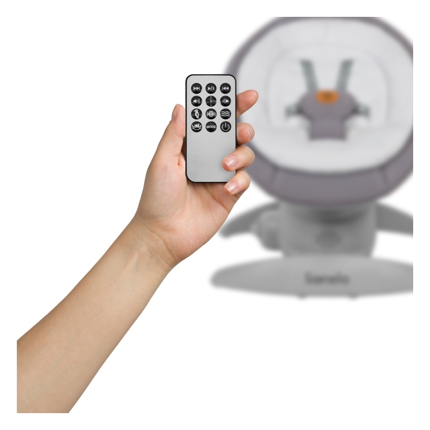 Lionelo - Altalena per bambini con melodia MELL Grey Stone 4xAA + telecomando