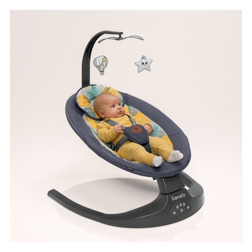 Lionelo - Altalena per bambini RALF con melodia, 4xAA, Grigio/Bianco + telecomando