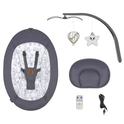 Lionelo - Altalena per bambini RALF con melodia, 4xAA, Grigio/Bianco + telecomando