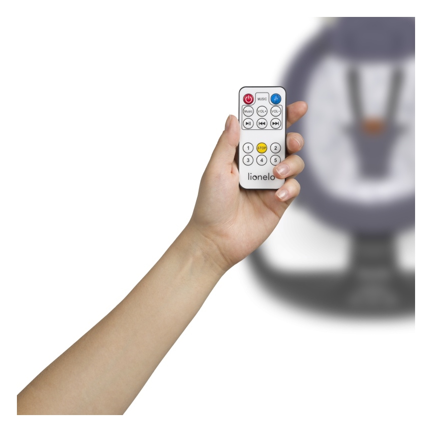 Lionelo - Altalena per bambini RALF con melodia, 4xAA, Grigio/Bianco + telecomando