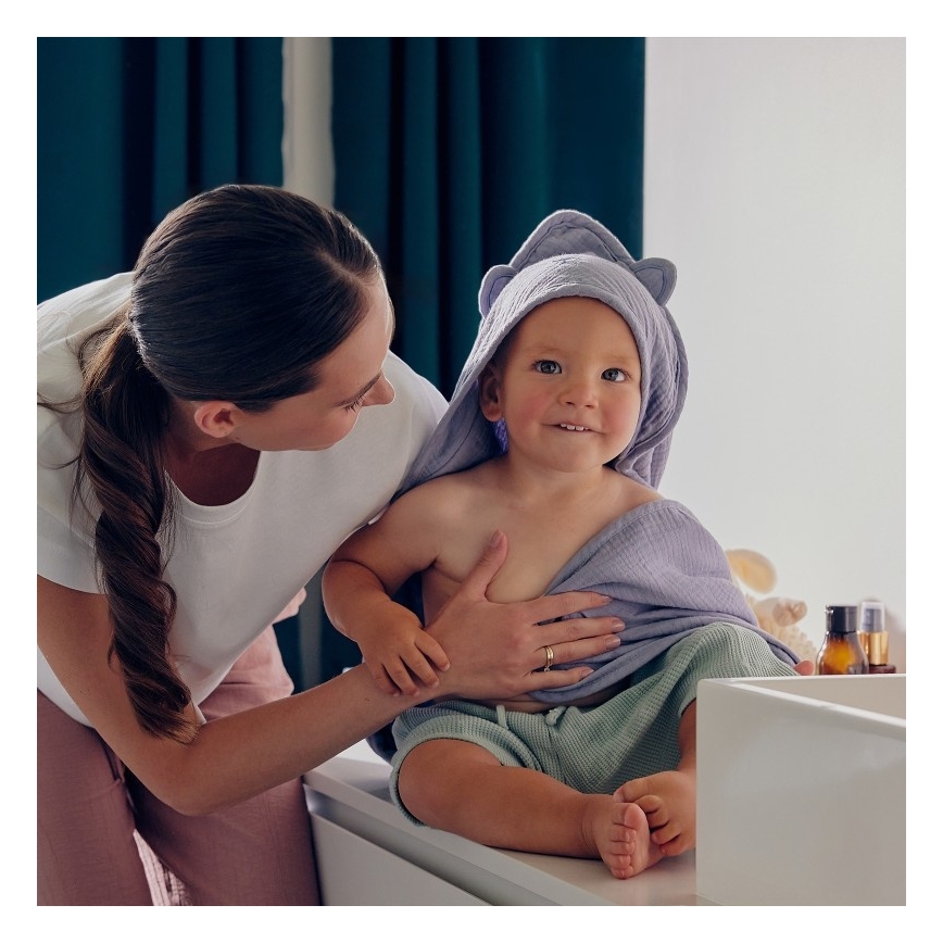 Lionelo - Asciugamano per bambini con cappuccio MUSLIN GRIGIO CIELO