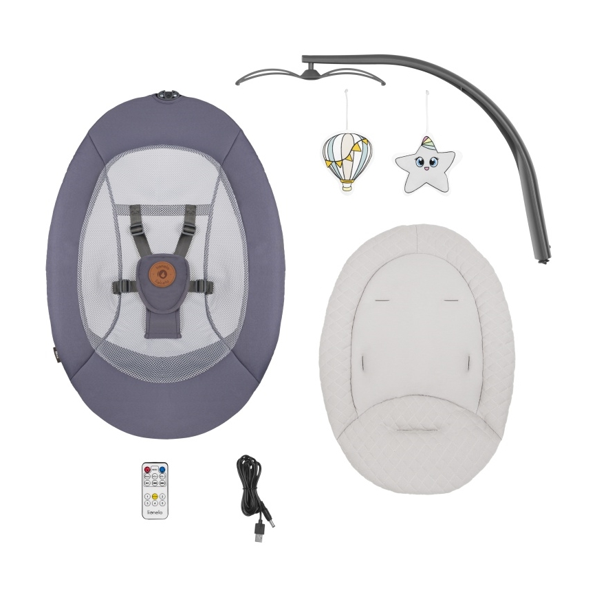 Lionelo - Dondolo per bambini con melodia RALF 4xAA Grigio Grafite + telecomando