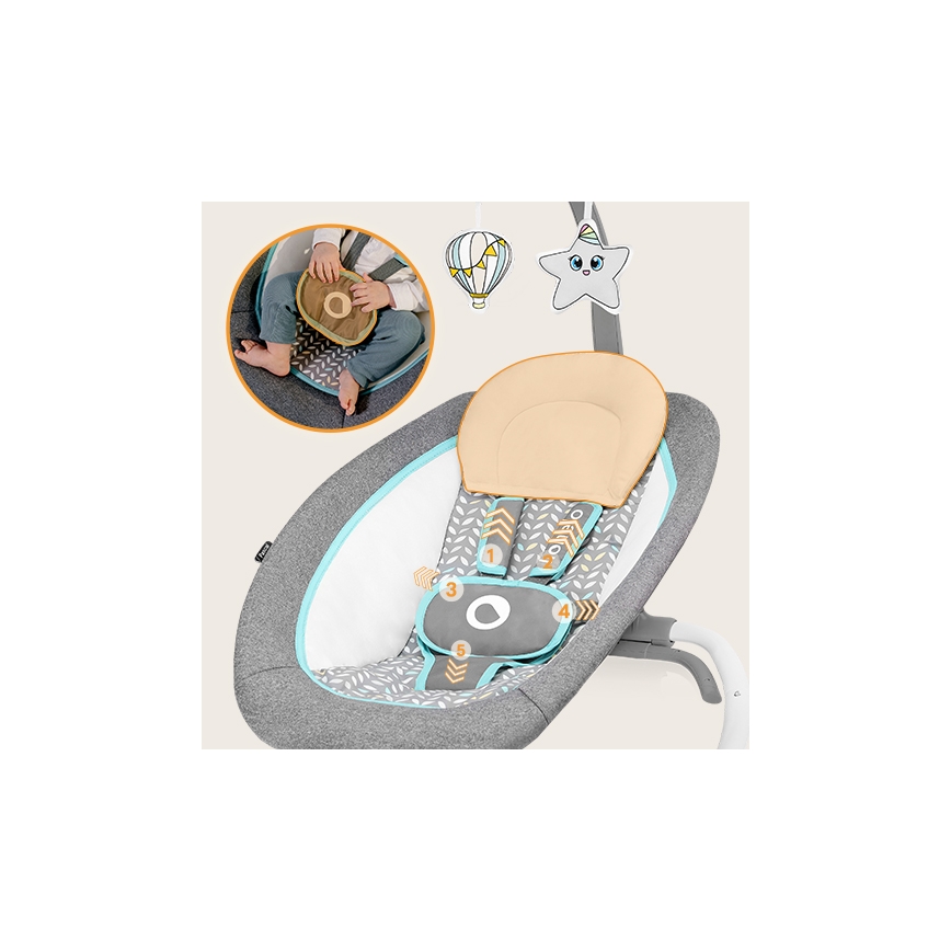 Lionelo - Dondolo vibrante per bambini con melodia PASCAL 2xAA grigio/turchese