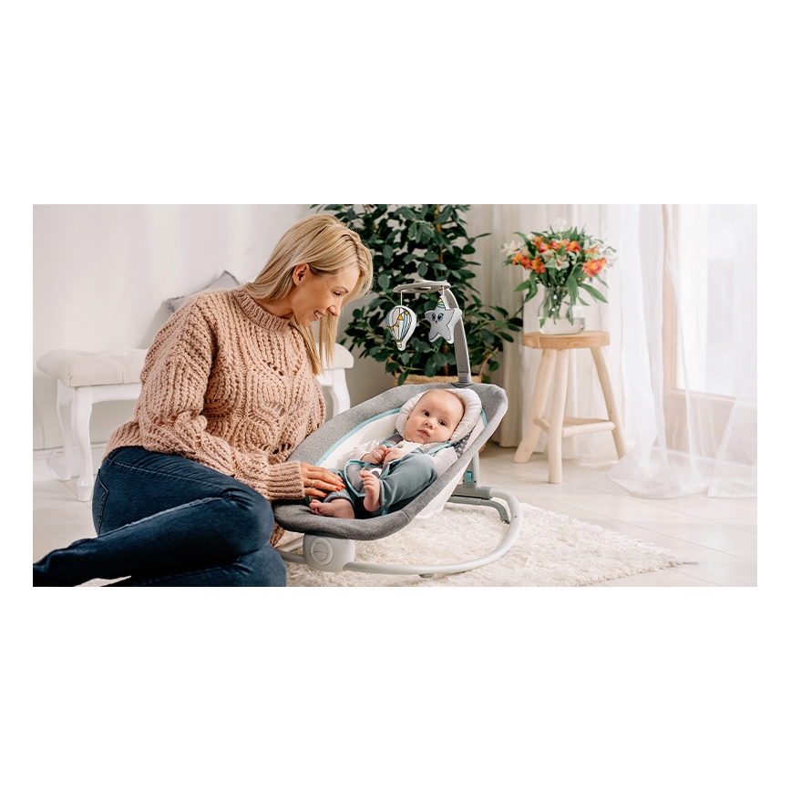 Lionelo - Dondolo vibrante per bambini con melody PASCAL grigio/turchese
