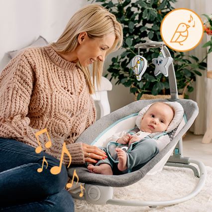 Lionelo - Dondolo vibrante per bambini con melody PASCAL grigio/turchese