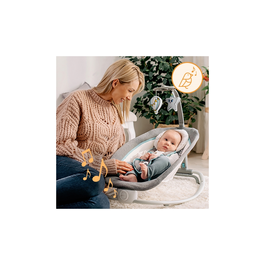 Lionelo - Dondolo vibrante per bambini con melody PASCAL grigio/turchese