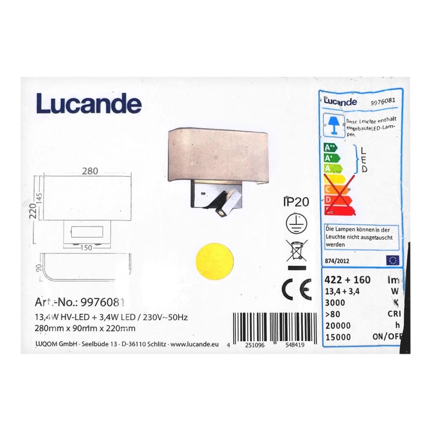 Lucande - Applique a LED VIRVE 1XLED/13,4W/230V + 1xLED/3,4W/230V