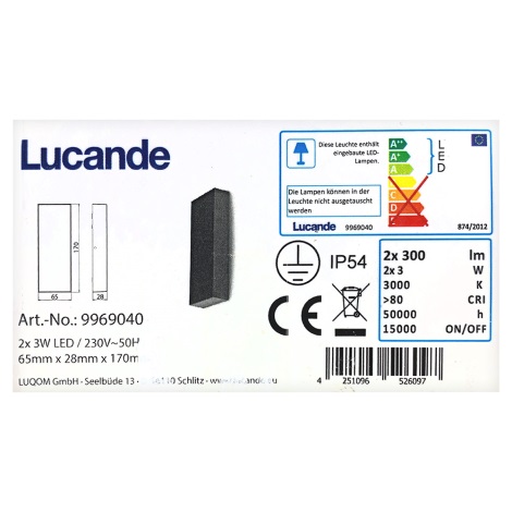 Lucande - Lampada da parete per esterni a LED CORDA 2xLED/3W/230V IP54