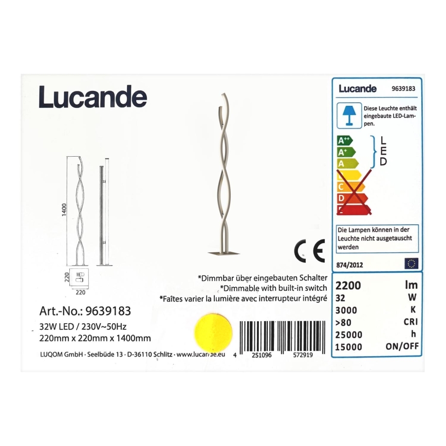 Lampada A Terra LED Lucande Bronwyn | Dimmerabile | Nero/alluminio | 121,5 Cm | Lampadina Inclusa