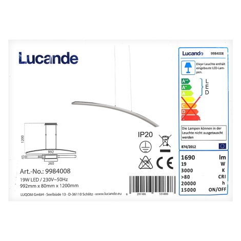 Lucande - Lampadario LED a sospensione con filo LORIAN LED/19W/230V