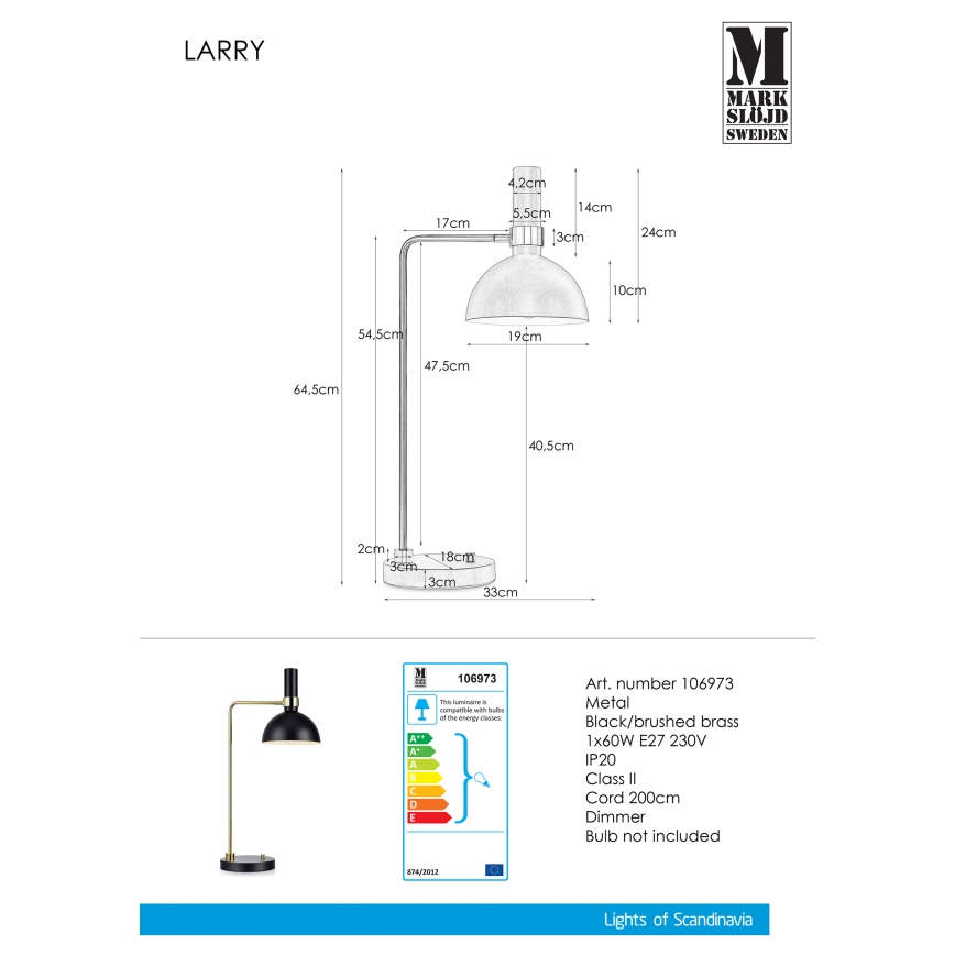 Markslöjd 106973 - Lampada da tavolo dimmerabile LARRY 1xE27/60W/230V