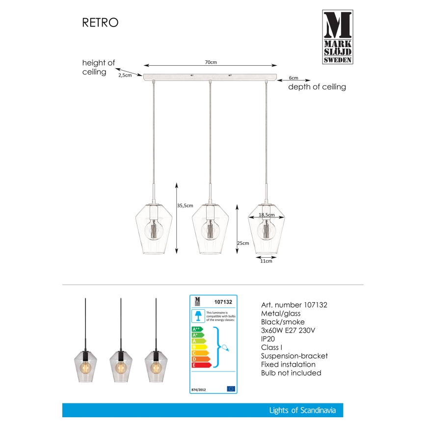 Markslöjd 107132 - Lampadario a sospensione con filo RETRO 3xE27/60W/230V