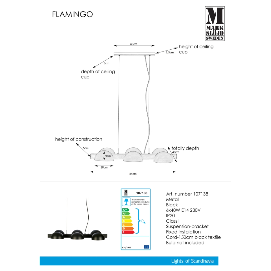 Markslöjd 107138 - Lampadario a sospensione con filo FLAMINGO 6xE14/40W/230V nero