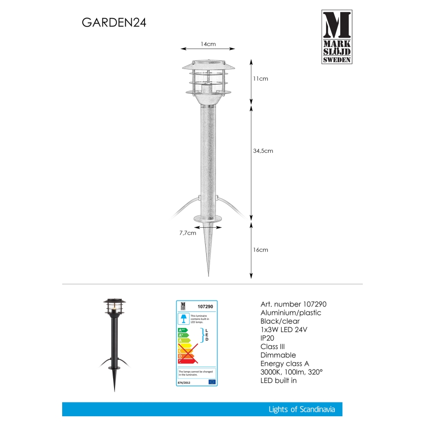 Markslöjd 107290 - Lampada da esterno LED GARDEN 24 LED/3W/24V 45 cm IP44 nero