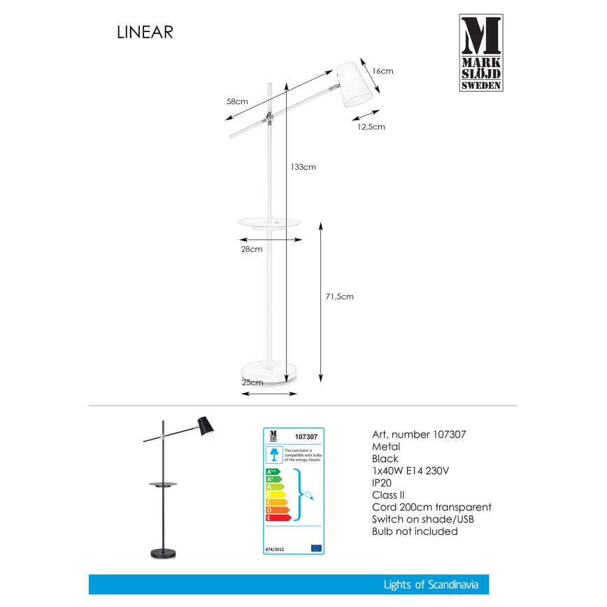 Markslöjd 107307 - Lampada da terra con USB LINEAR 1xE14/40W/230V
