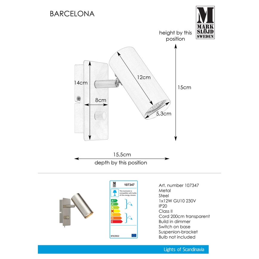 Markslöjd 107347 - Luce Spot da parete dimmerabile BARCELONA 1xGU10/12W/230V