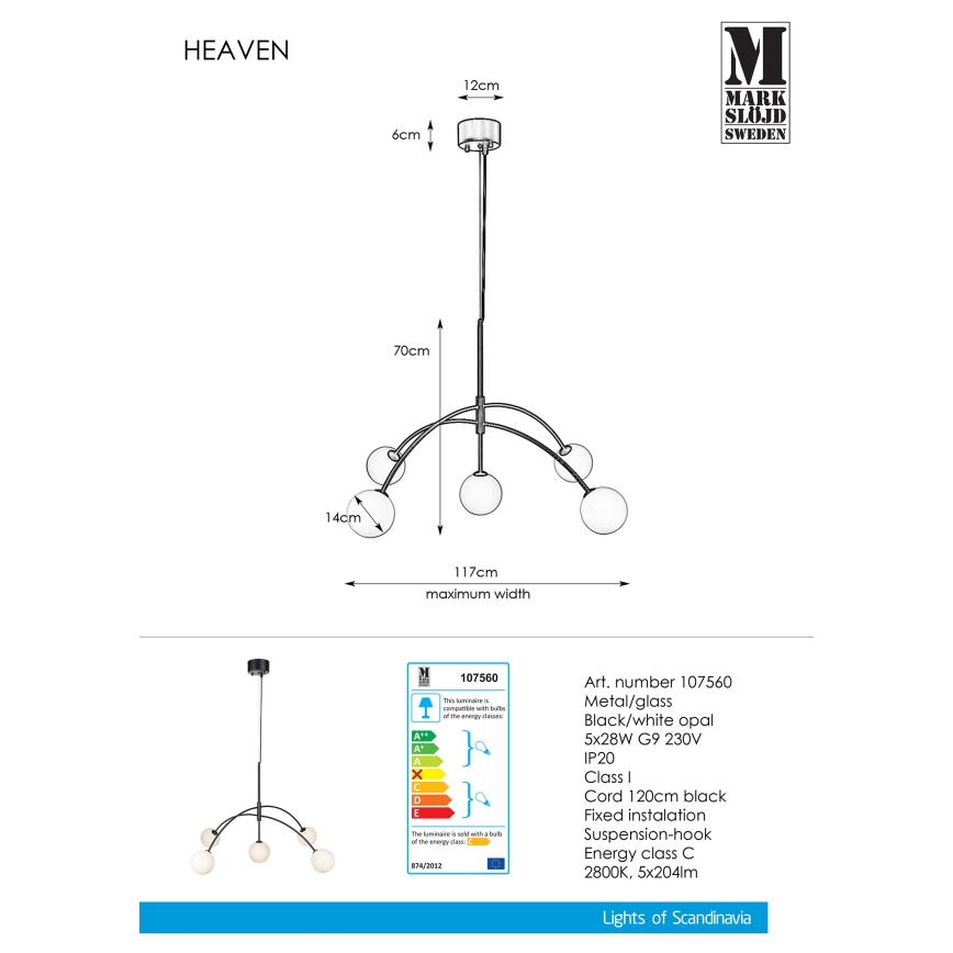Markslöjd 107560 - Lampadario a sospensione con filo HEAVEN 5xG9/28W/230V