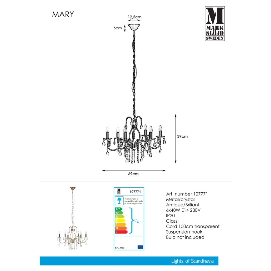 Markslöjd 107771 - Lampadario a sospensione con catena MARY 6xE14/40W/230V