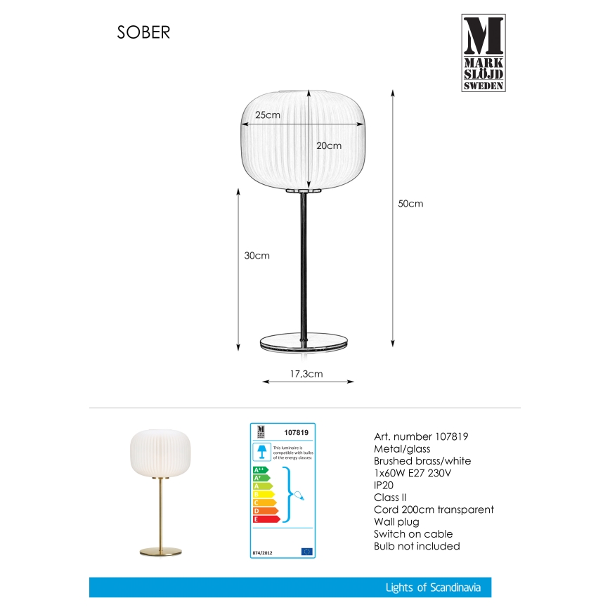 Markslöjd 107819 - Lampada da tavolo SOBER 1xE27/60W/230V bianca/ottone