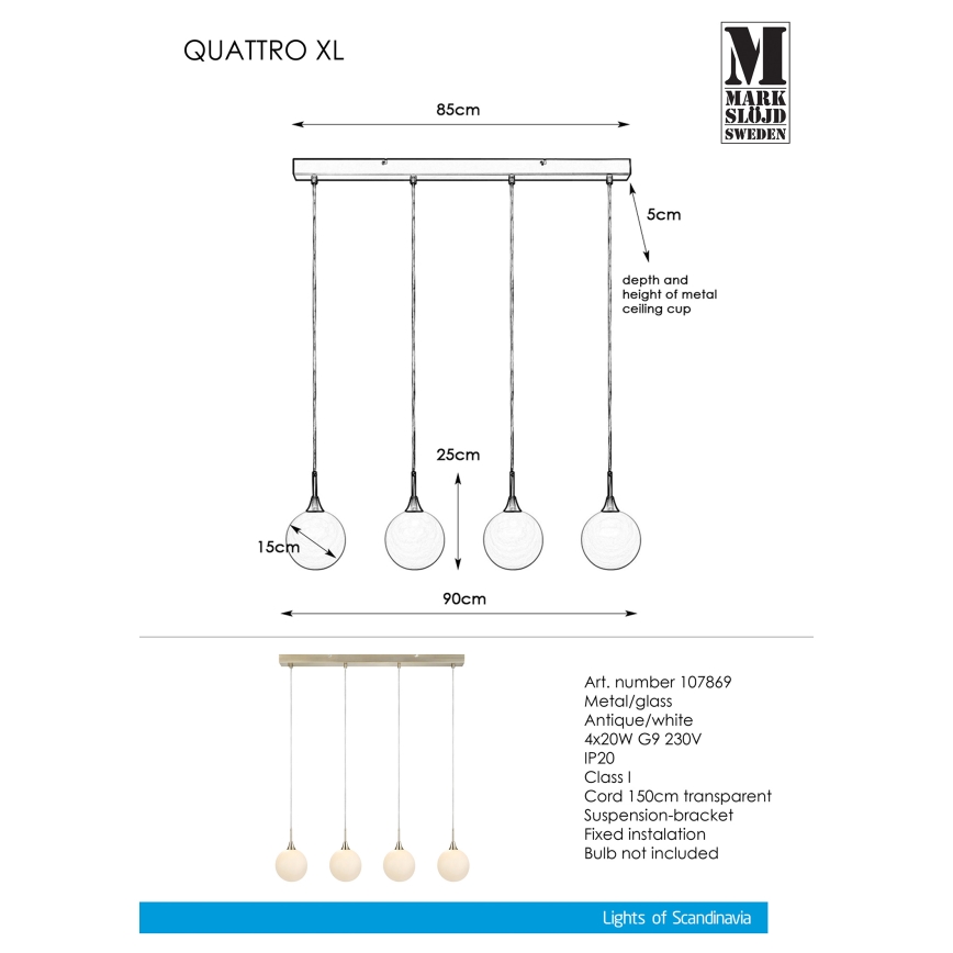 Markslöjd 107869 - Lampadario a sospensione con filo QUATTRO XL 4xG9/20W/230V