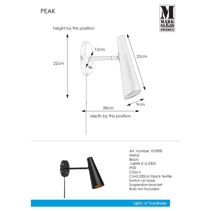 Markslöjd 107898 - Applique PEAK 1xE14/40W/230V