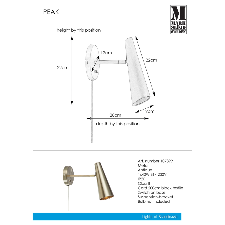 Markslöjd 107899 - Applique PEAK 1xE14/40W/230V