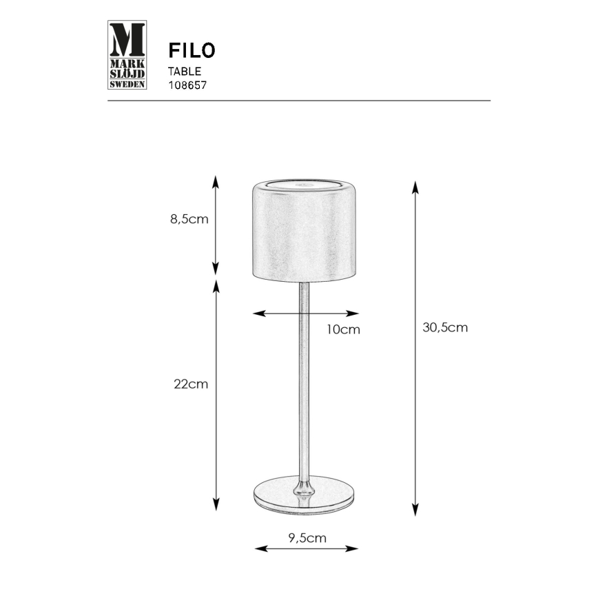 Markslöjd 108657 - LED Lampada da tavolo ricaricabile dimmerabile FILO LED/2W/5V IP44 30 cm nero
