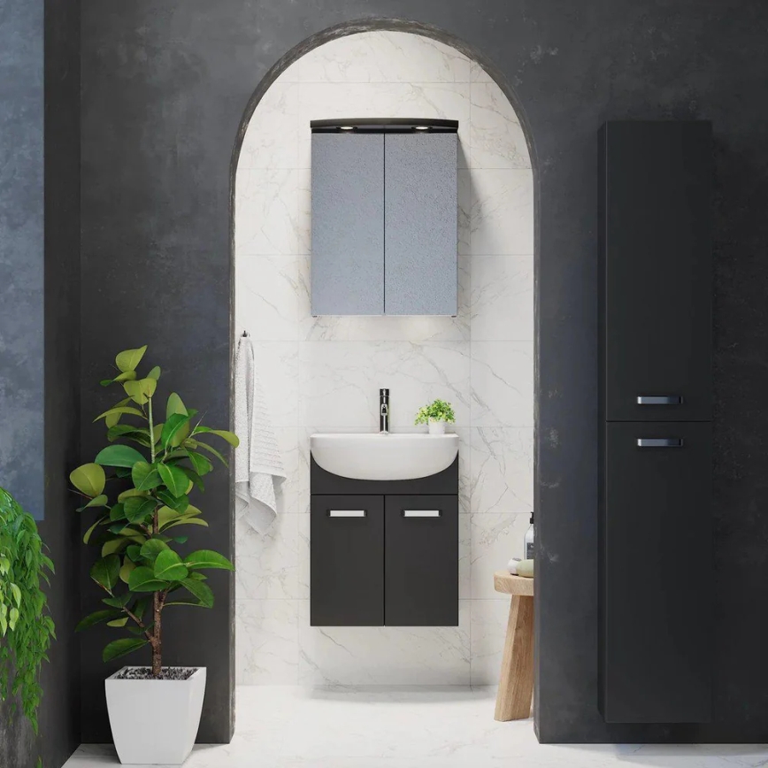 Mobile bagno con lavabo Vang + armadietto a specchio con LED 230V IP44 nero