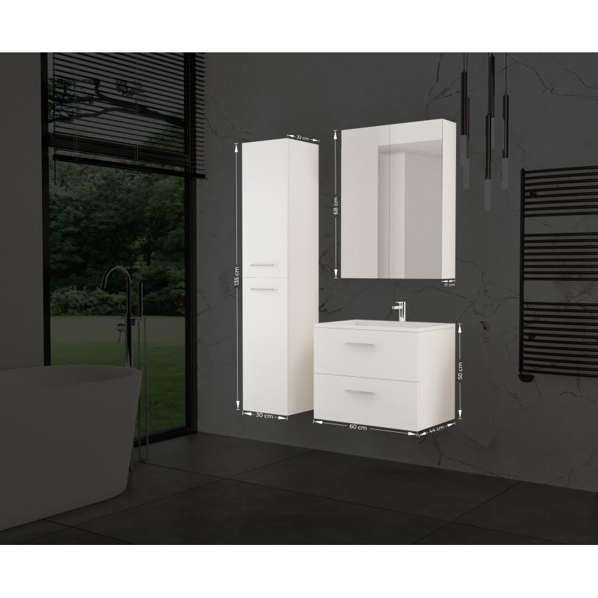 Mobile da bagno con lavabo KATE + armadietto con specchio + pensile da parete bianco