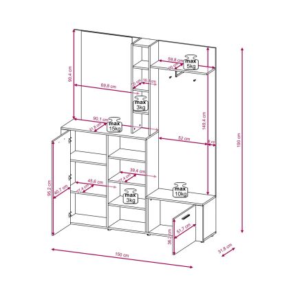 Mobile da ingresso con specchio KEVIN, marrone/bianco