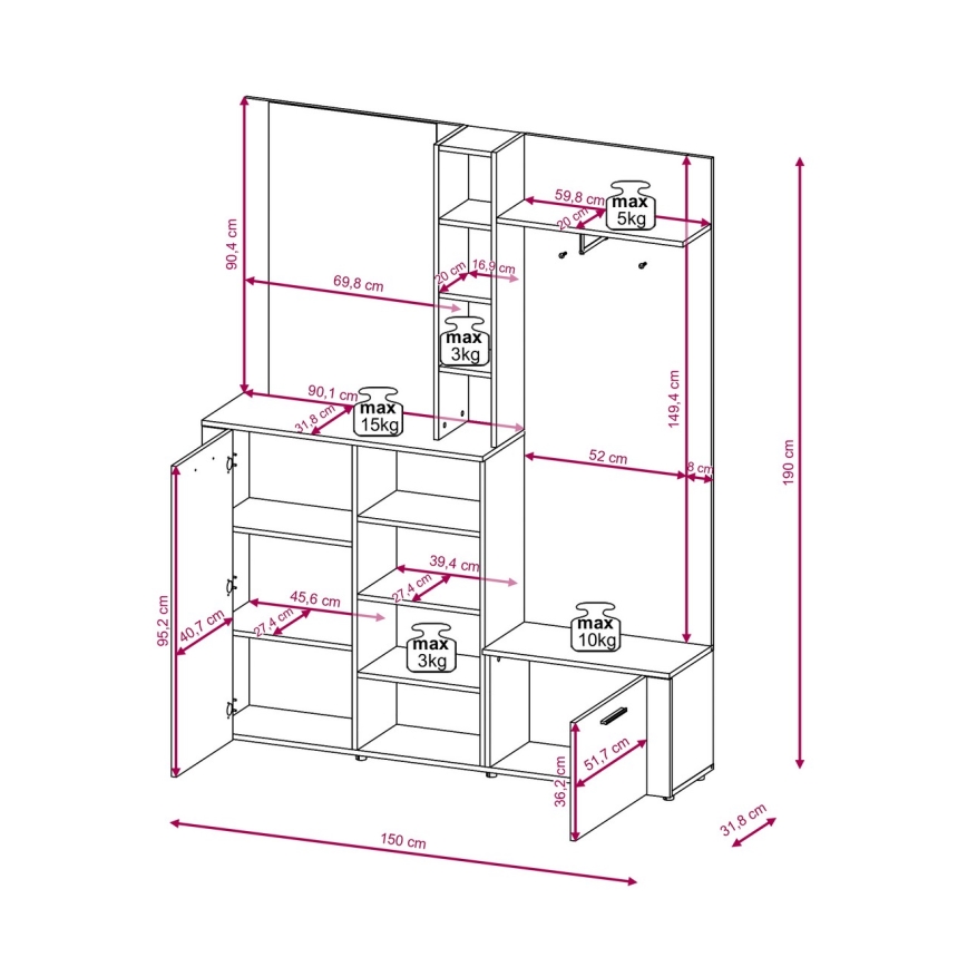 Mobile da ingresso con specchio KEVIN, marrone/bianco