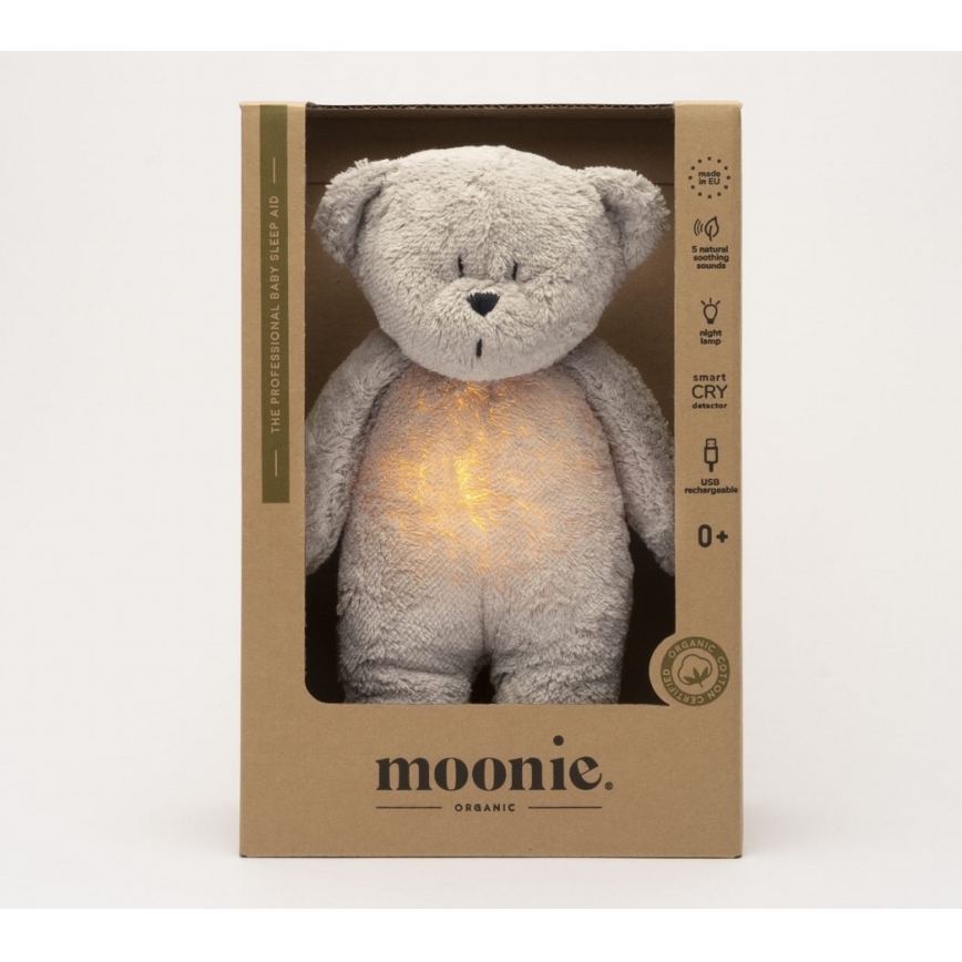 Moonie - Compagno di coccole con melodia e luce orsacchiotto 2.0 organic grigio