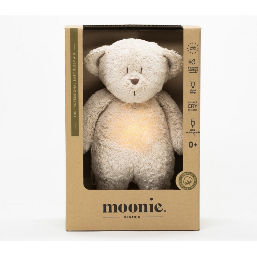 Moonie - Compagno di coccole con melodia e luce orsacchiotto 2.0 organic sabbia