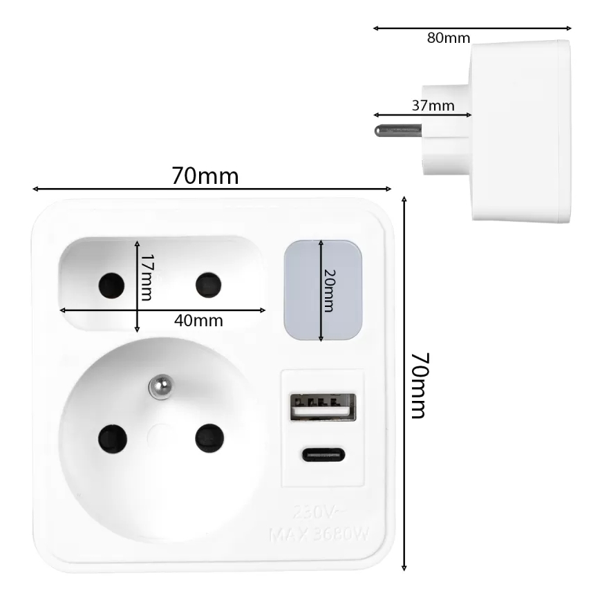 Multipresa 2 prese + USB-C + USB-A con illuminazione LED LED/0,5W/230V 3000K