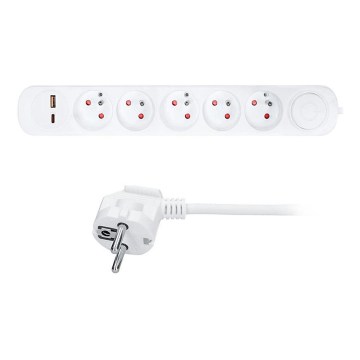 Multipresa 5Z con interruttore e ricarica USB A e C, cavo 3 m