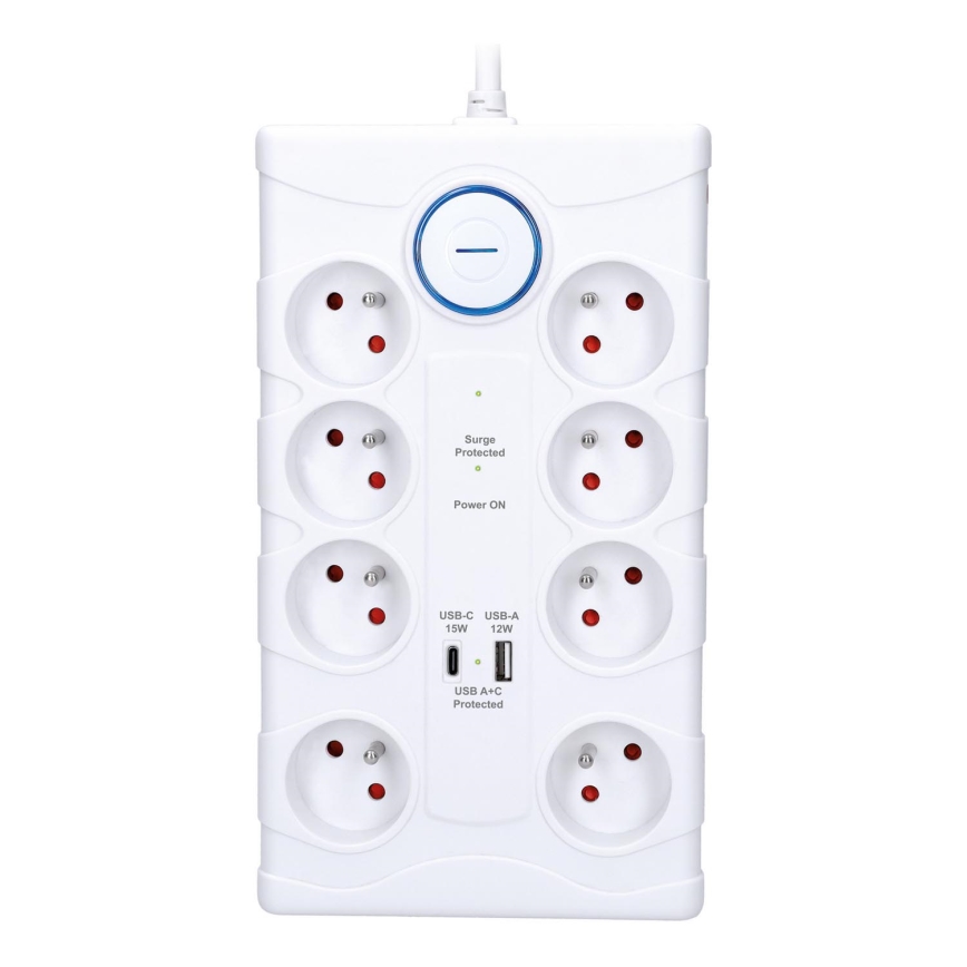 Multipresa con interruttore e protezione da sovratensioni, 8 prese (Tipo E) + 1x USB-A + 1x USB-C, cavo 2 m, bianco