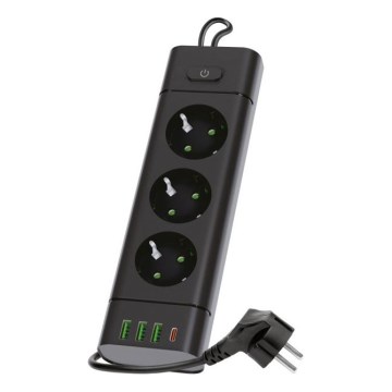 Multipresa con interruttore LINEA PRO 3x230V+3xUSB-A + 1xUSB-C SCHUKO 1,5 m nero
