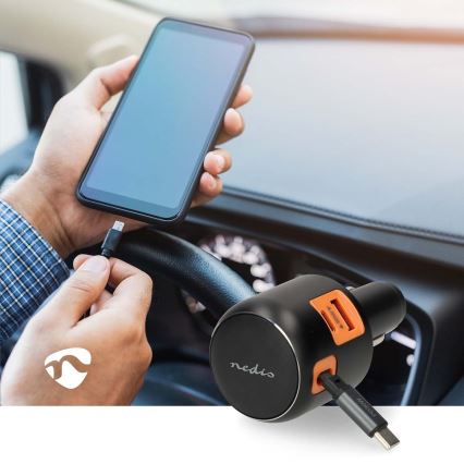 Caricatore per auto con cavo retrattile Power Delivery 30W 2xUSB-C + 1xUSB-A