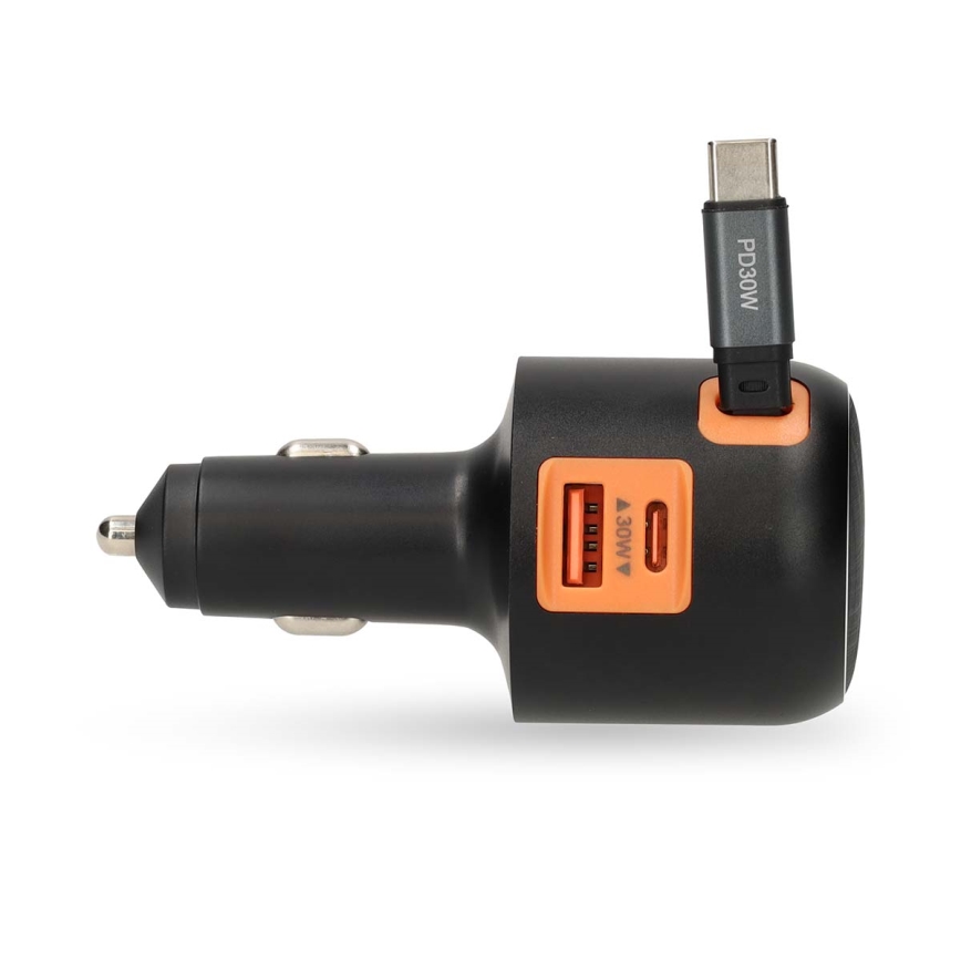Caricatore per auto con cavo retrattile Power Delivery 30W 2xUSB-C + 1xUSB-A