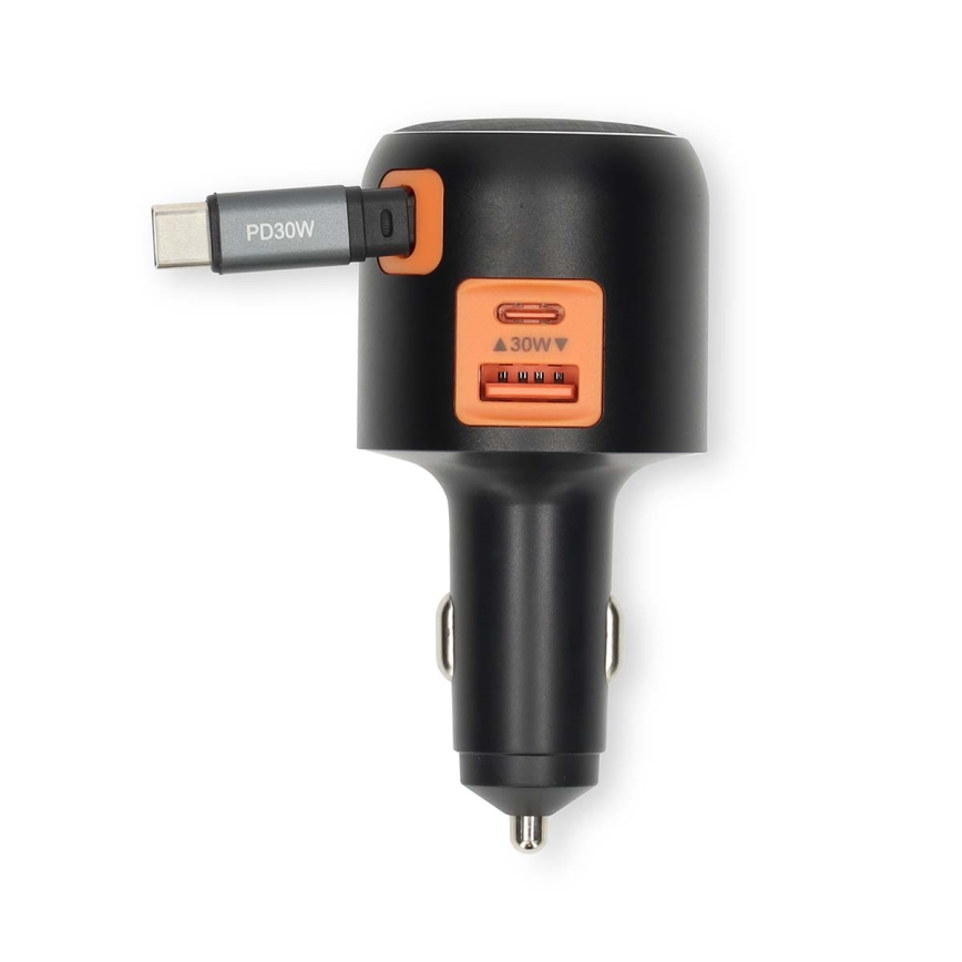 Caricatore per auto con cavo retrattile Power Delivery 30W 2xUSB-C + 1xUSB-A