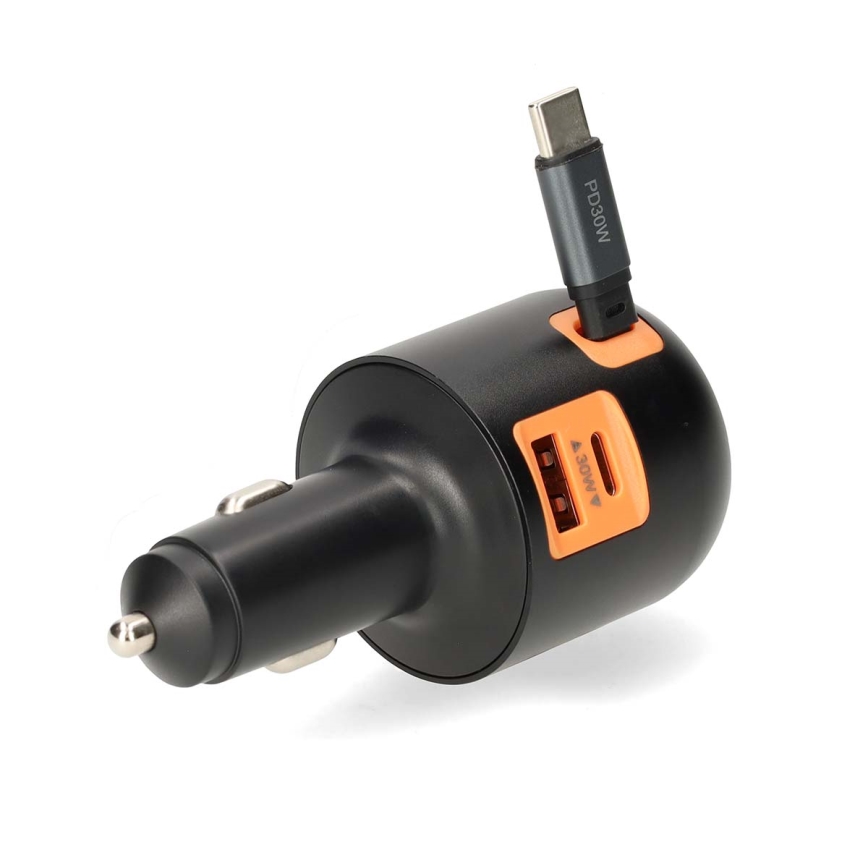 Caricatore per auto con cavo retrattile Power Delivery 30W 2xUSB-C + 1xUSB-A