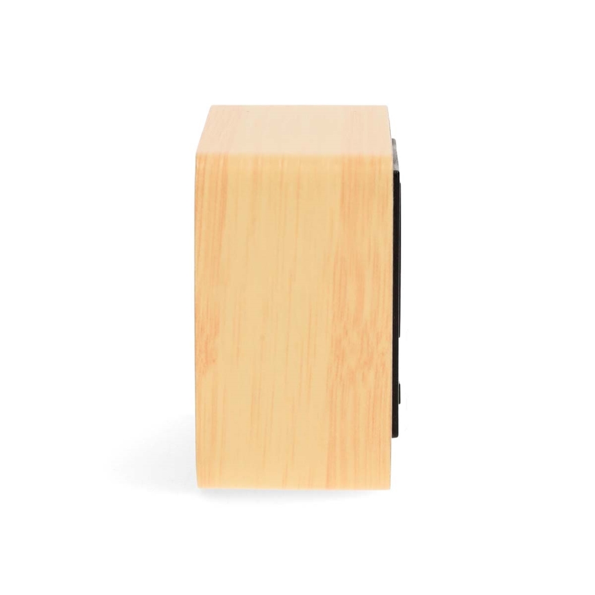 Sveglia digitale con display LED e termometro, alimentazione 5V/3xAAA, finitura in legno