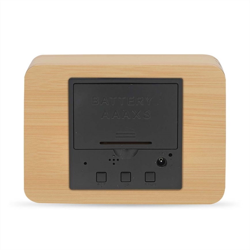 Sveglia digitale con display LED e termometro, alimentazione 5V/3xAAA, finitura in legno