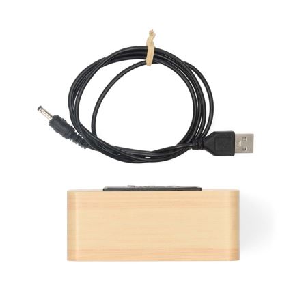 Sveglia digitale con display LED e termometro, alimentazione 5V/3xAAA, finitura in legno