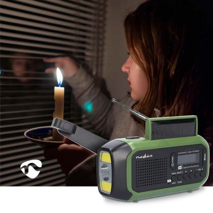 Radio DAB+/FM a manovella con pannello solare integrato e torcia a LED 5V/2500 mAh, verde/nero
