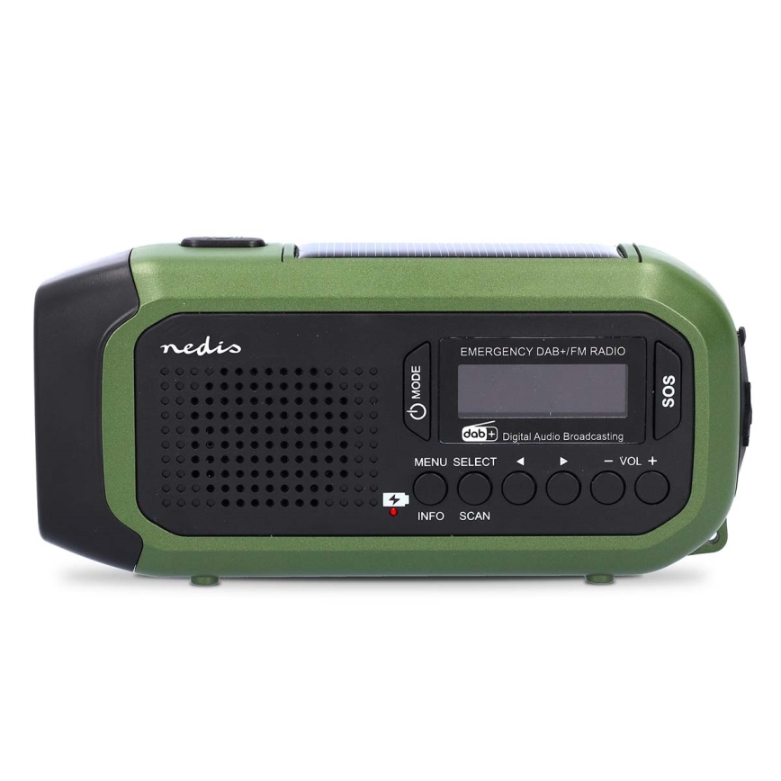 Radio DAB+/FM a manovella con pannello solare integrato e torcia a LED 5V/2500 mAh, verde/nero