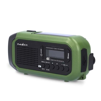 Radio DAB+/FM a manovella con pannello solare integrato e torcia a LED 5V/2500 mAh, verde/nero
