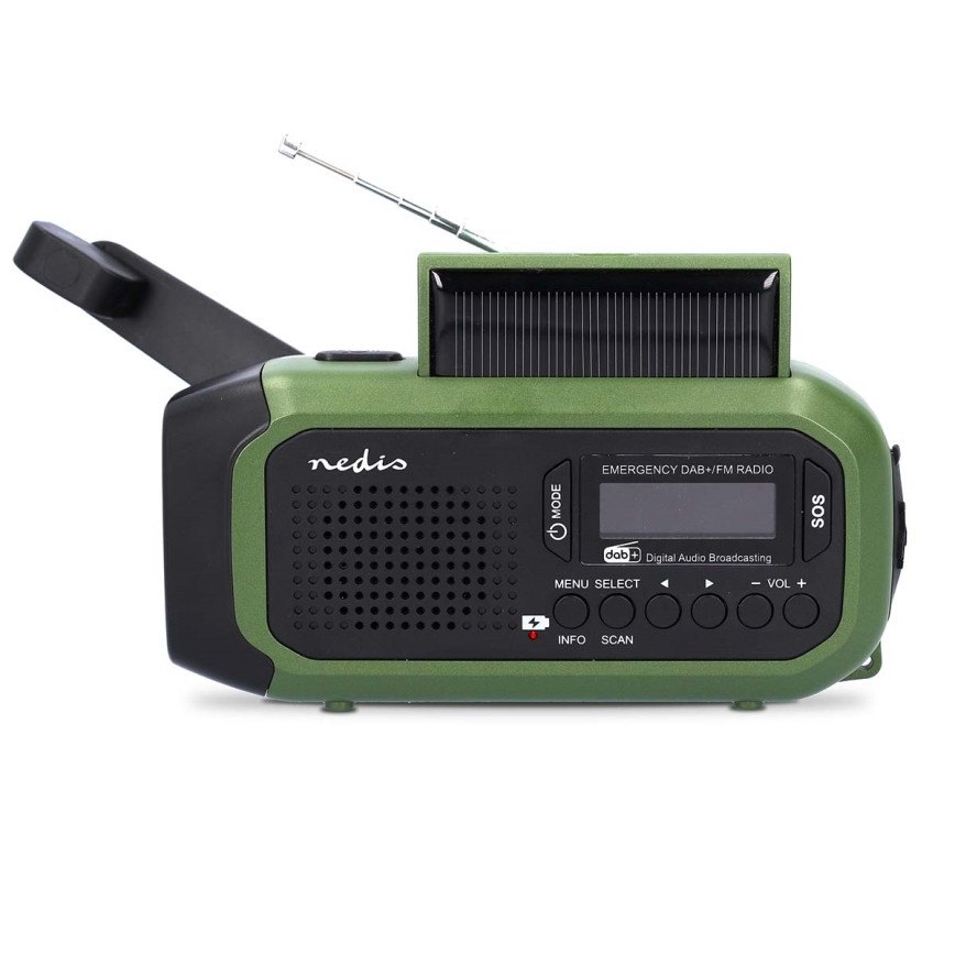 Radio DAB+/FM a manovella con pannello solare integrato e torcia a LED 5V/2500 mAh, verde/nero
