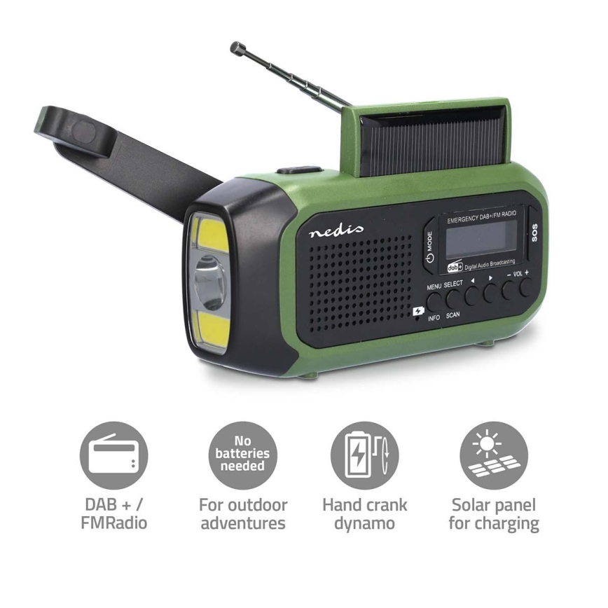 Radio DAB+/FM a manovella con pannello solare integrato e torcia a LED 5V/2500 mAh, verde/nero
